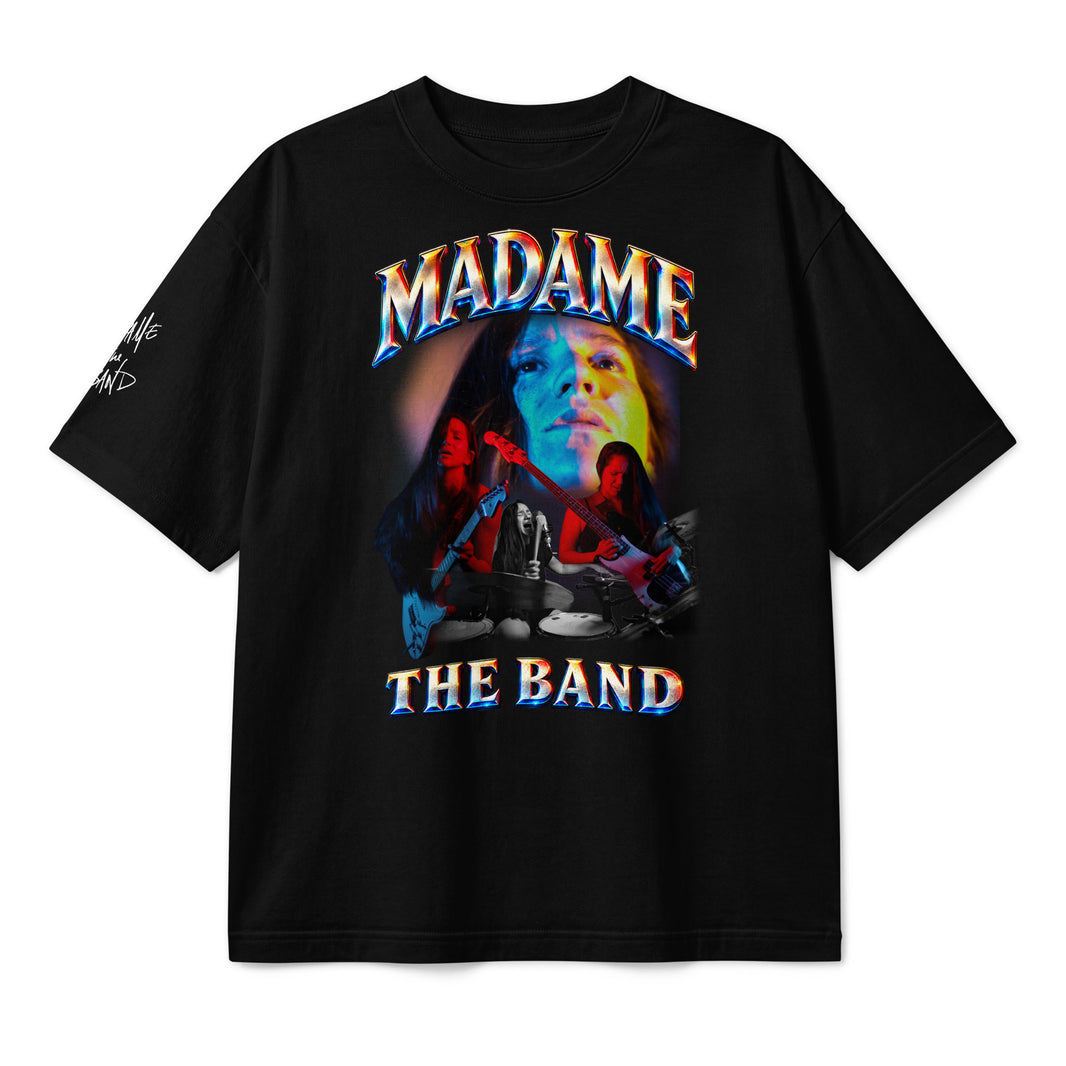 Black boxy T-shirt with colorful Madame portraits and chrome-style Madame The Band lettering